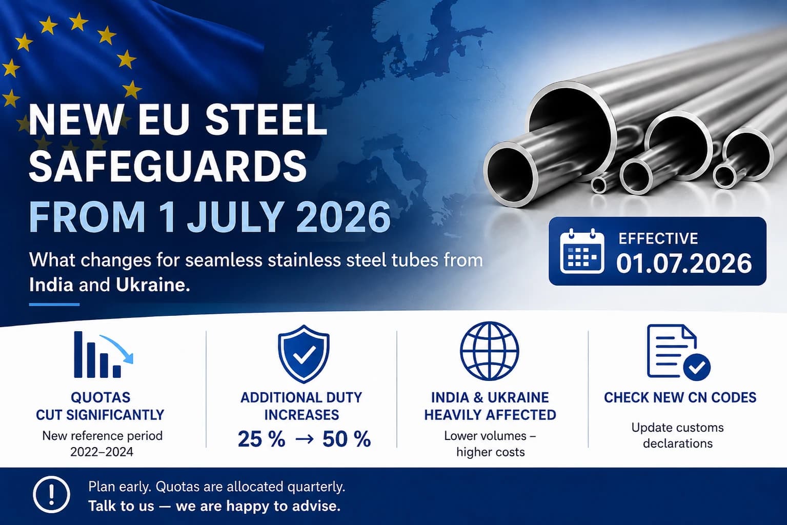 New EU steel safeguard measures: what changes for seamless stainless steel tubes from India and Ukraine