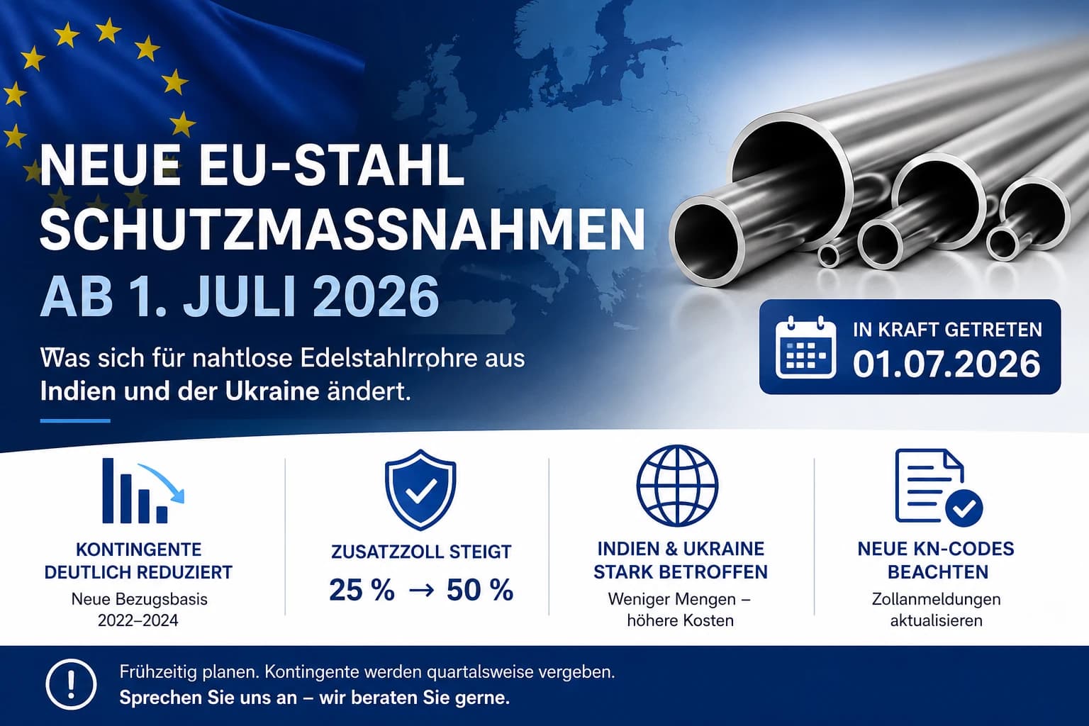 Neue EU-Stahlschutzmaßnahmen: Was sich für nahtlose Edelstahlrohre aus Indien und der Ukraine ändert